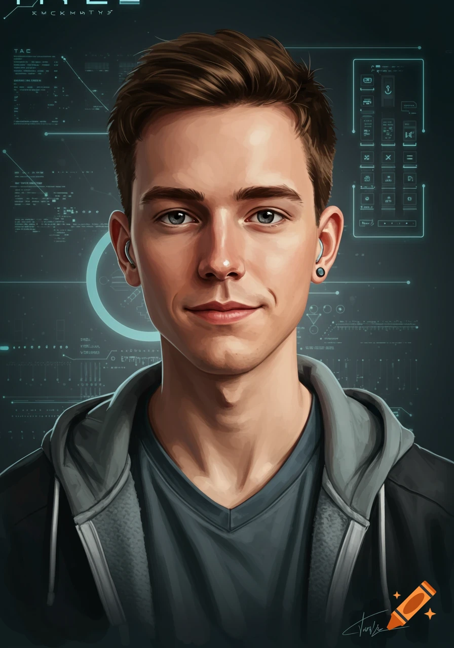 A stylized digital art portrait of a young man with short brown hair, wearing a hoodie, against a dark tech-inspired background with glowing blue UI elements.