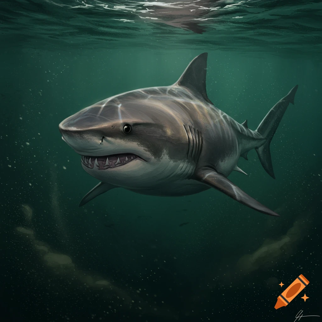 A great white shark swims underwater in dark green water with light from above.
