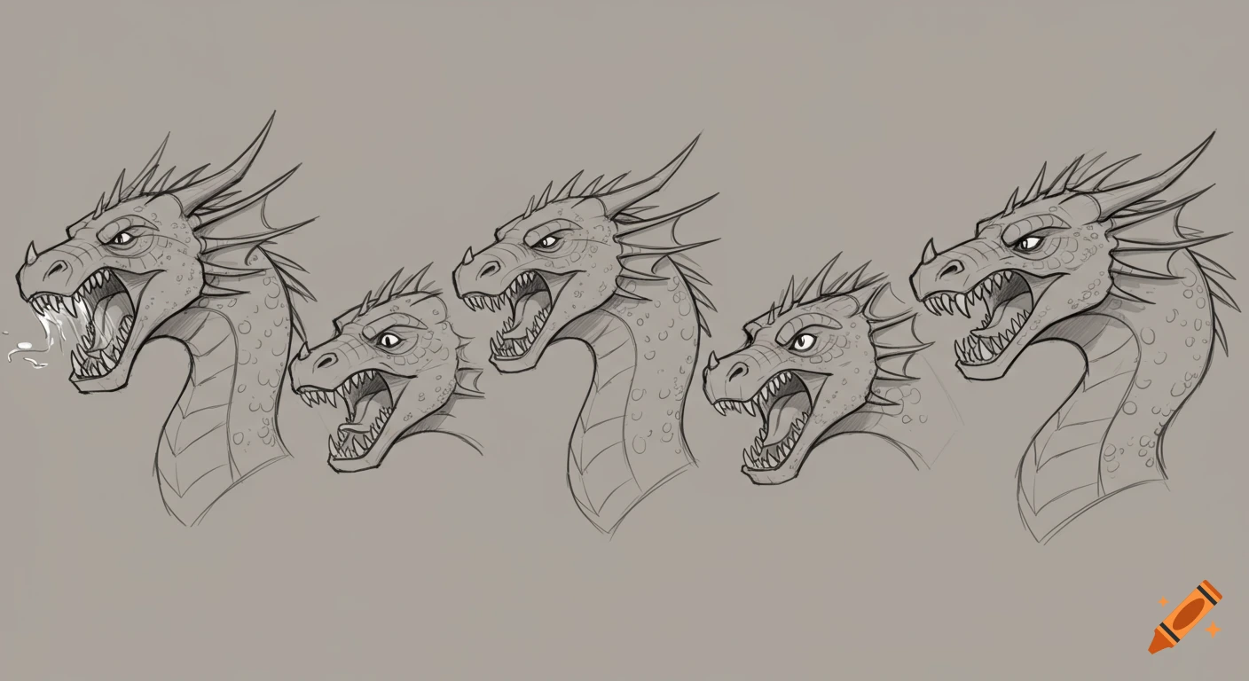 Pencil sketch of five dragon heads in a row, showing various angry expressions.