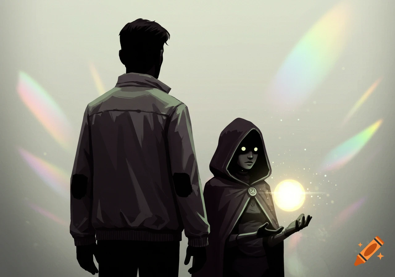 Two stylized figures, a man facing away and a hooded woman holding a glowing orb, in a graphic novel style with iridescent light.