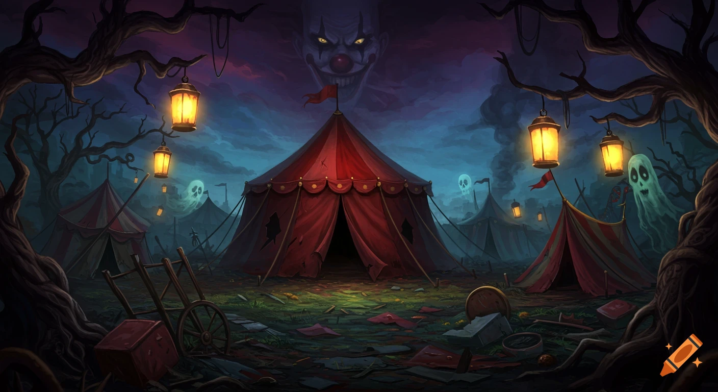 A dark, spooky circus scene at night with a large red tent, bare trees, glowing lanterns, ghostly figures, and a giant creepy clown face in the sky.