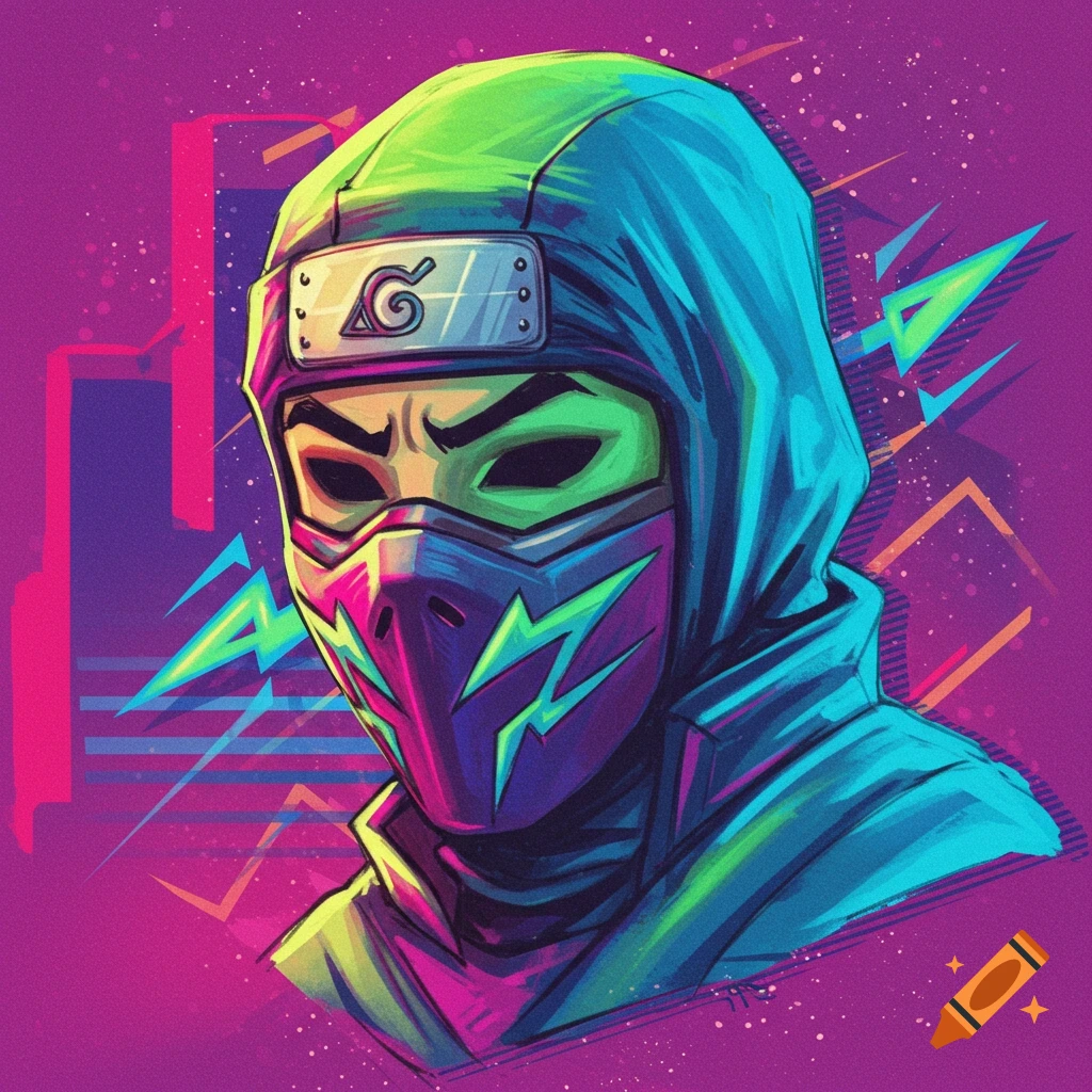 A stylized ninja character in a vibrant 80s neon art style, wearing a green hooded mask with a purple and neon green patterned face covering.