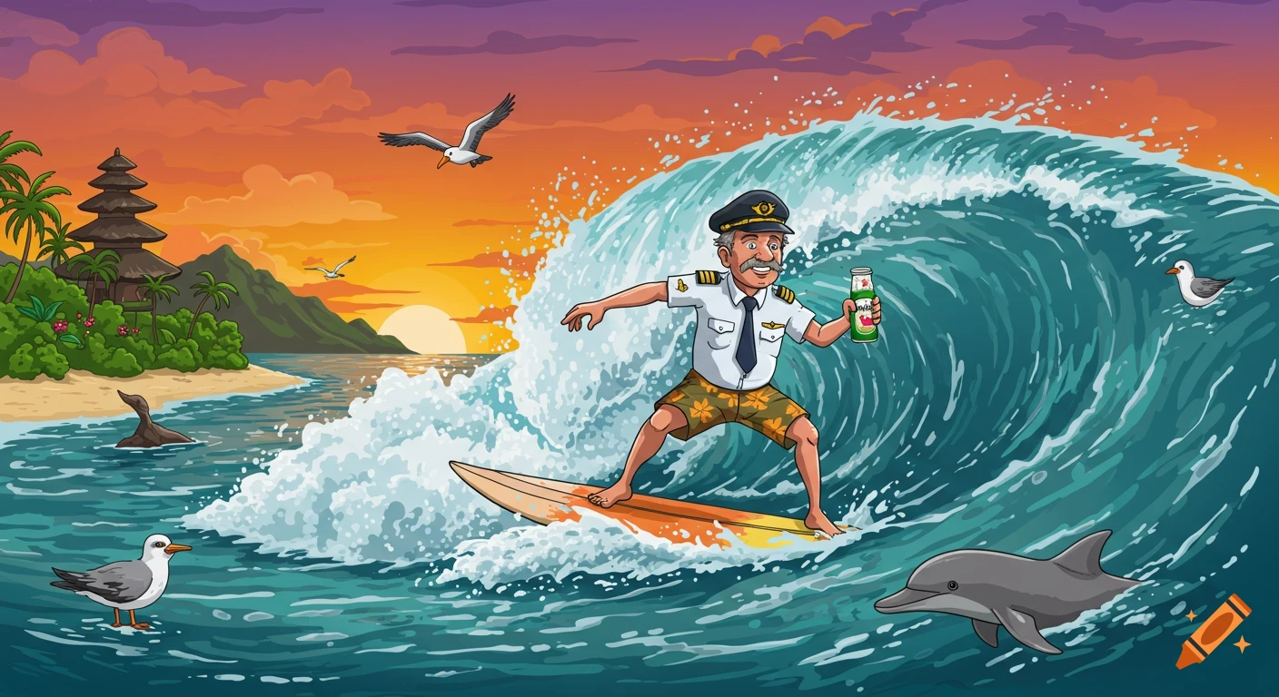 A cartoon pilot on a surfboard rides a large wave in Indonesia, holding a beer. A tropical island with a temple and sunset is in the background, with seagulls and a dolphin nearby.