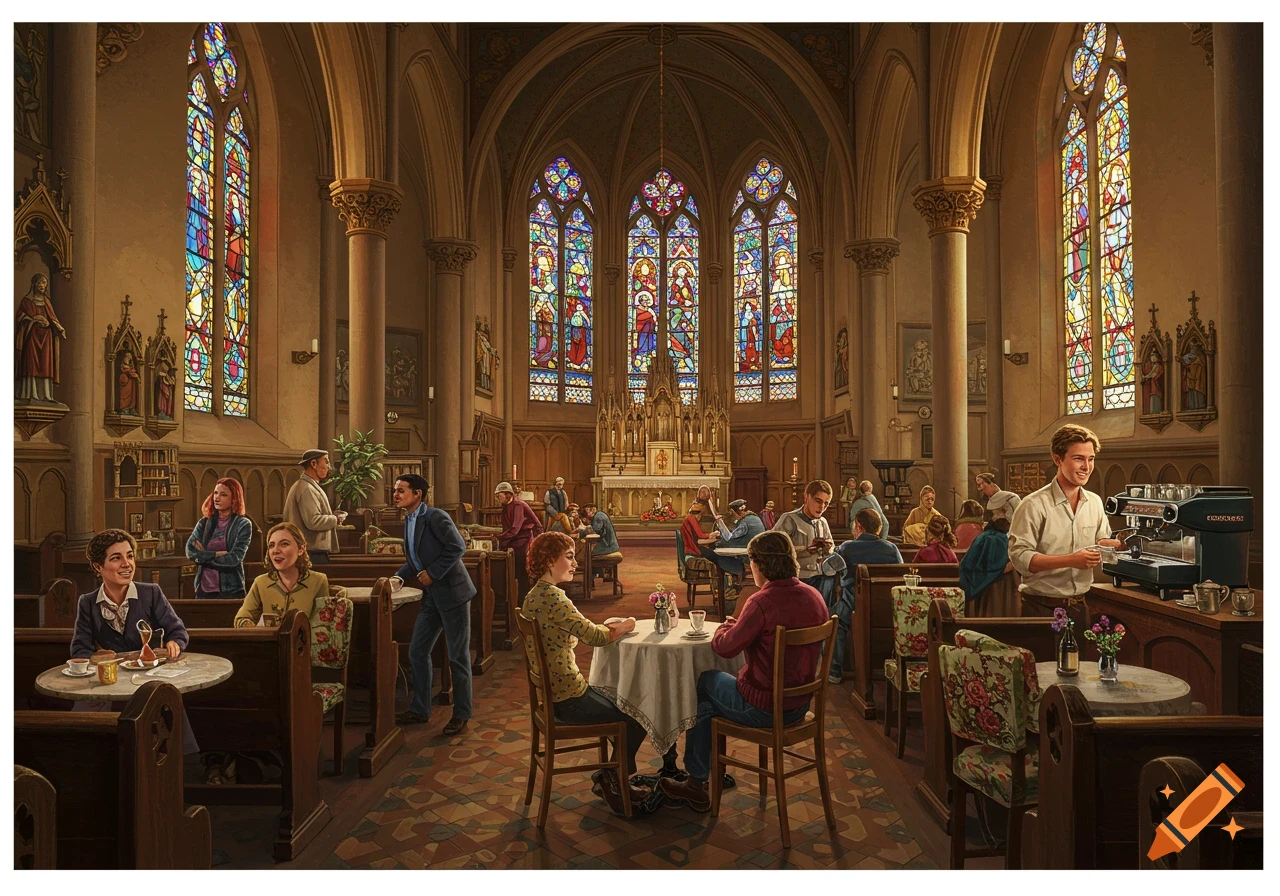 A bustling cafe scene inside a grand church with high vaulted ceilings and colorful stained-glass windows.