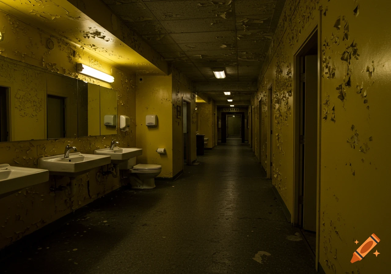 A long, dark, abandoned hallway with peeling yellow paint on the walls and ceiling, leading to a distant exit sign. To the left are several sinks and a toilet in a dilapidated bathroom area.