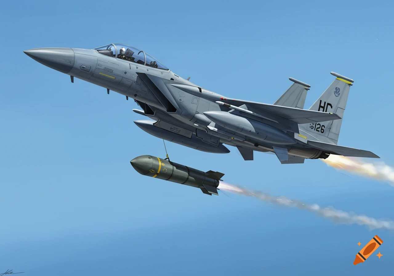 An F-15 fighter jet in flight, carrying a large bomb, with exhaust trails, against a clear blue sky.