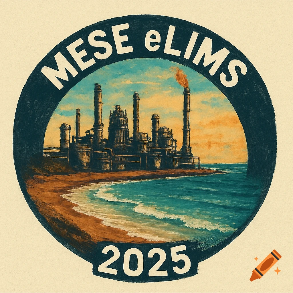 A circular logo featuring an industrial refinery on a beach with smoke plumes. The logo has the text "MESE eLIMS" at the top and "2025" at the bottom.