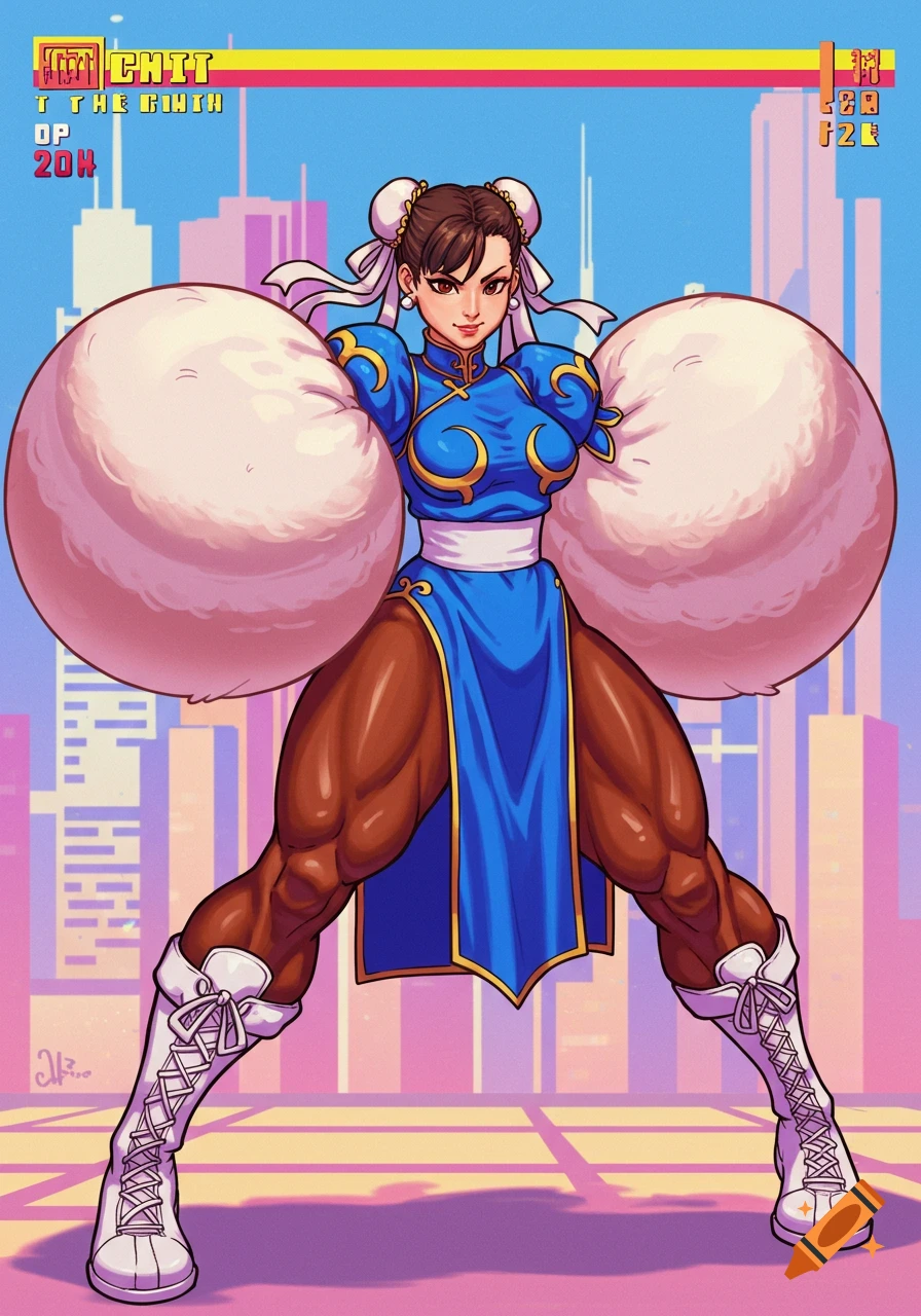 Stylized Chun-Li from Street Fighter, with extremely muscular legs and large, fluffy arm sleeves, in a fighting game UI against a city skyline.