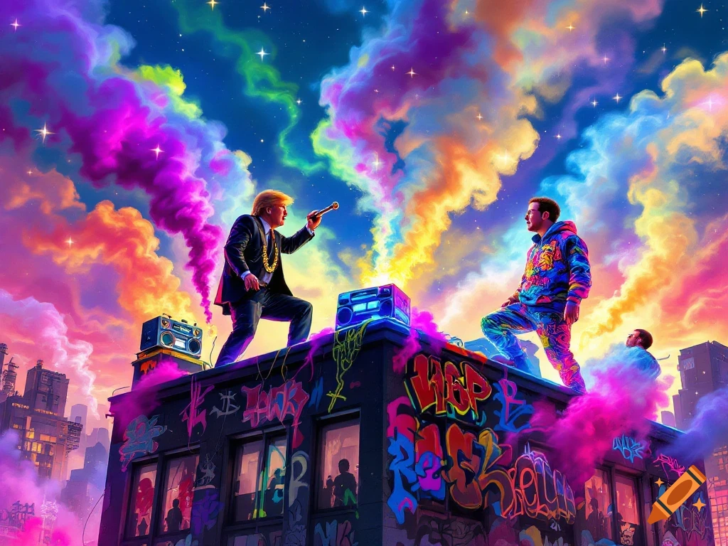 Vibrant pop-art scene of Donald Trump and Elon Musk on a graffiti-covered rooftop under a tie-dye starry sky with colorful smoke.