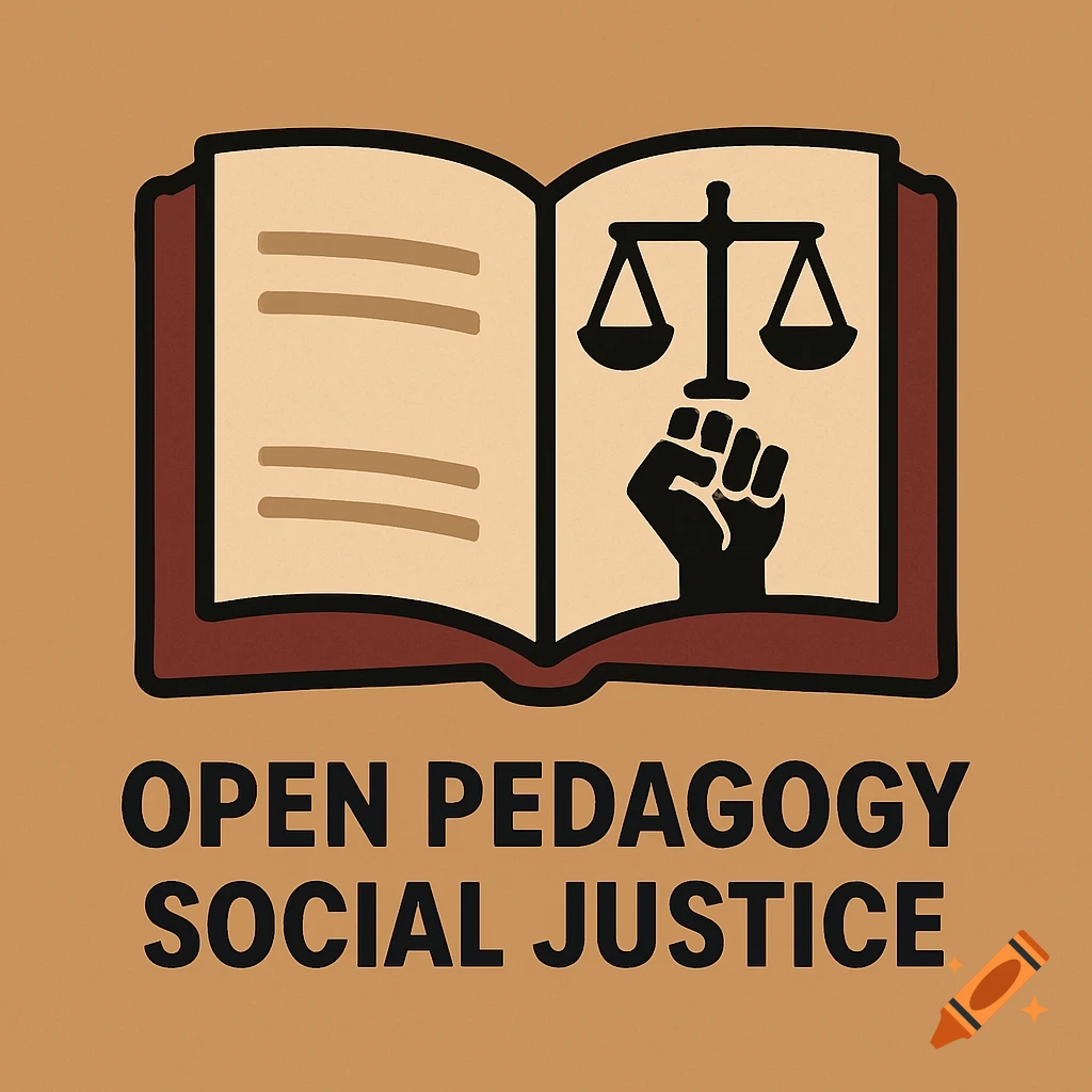 An icon of an open book featuring scales of justice and a raised fist, with text 'OPEN PEDAGOGY SOCIAL JUSTICE'.