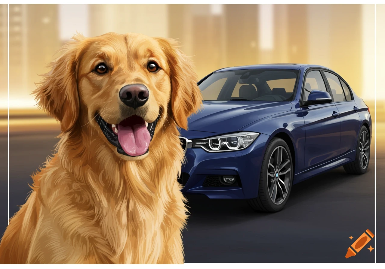 A happy golden retriever dog sits in the foreground with a blue BMW sedan parked behind it, rendered in a digital art style.