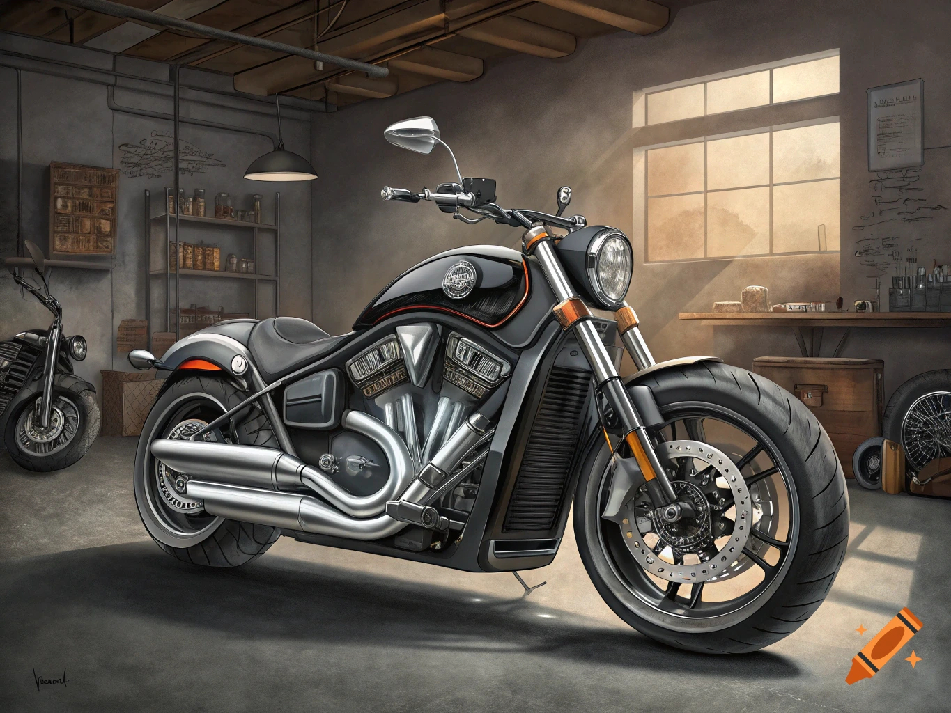 A detailed black and silver motorcycle is parked in a sunlit garage with shelves, tools, and another motorcycle in the background. Photorealistic style.