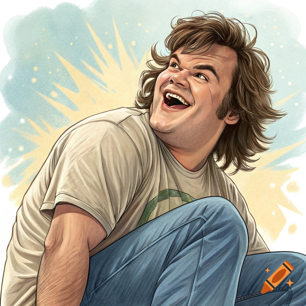 Illustrated portrait of a laughing Jack Black looking up with a bright background.