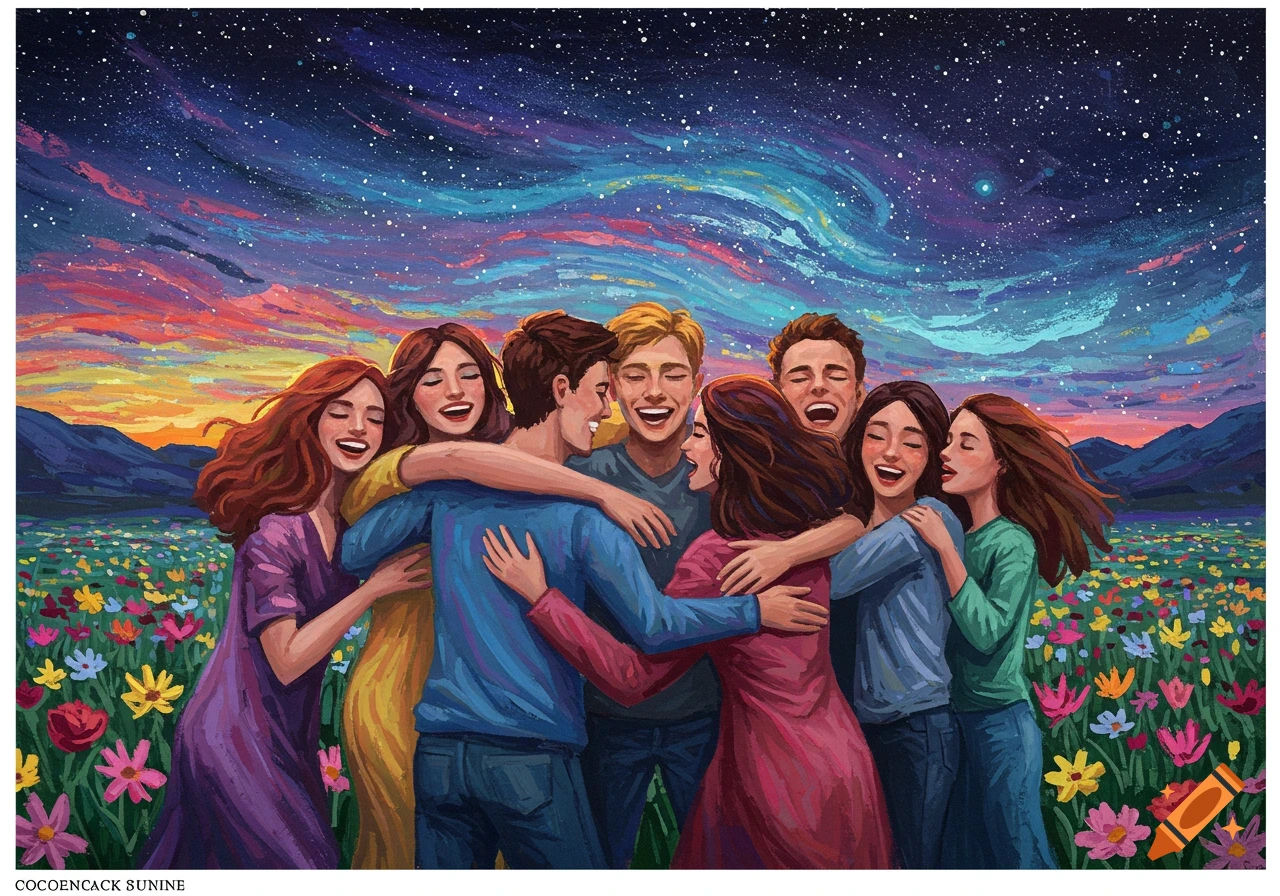 A group of smiling friends embraces in a vibrant field of flowers under a colorful, starry night sky in a painterly style.