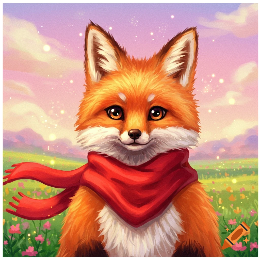 A cute orange fox with a red scarf smiles in a vibrant, sparkling field under a pink and purple sky.