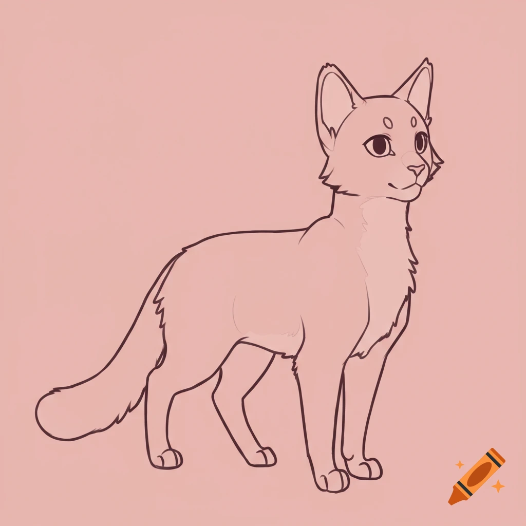 Stylized full-body line art of a feline creature, possibly a cat or fox, standing against a plain pink background.