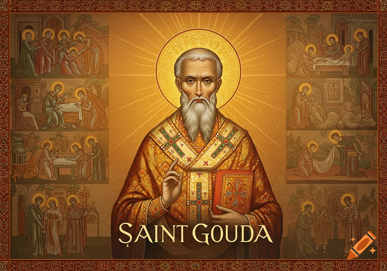 Iconic portrait of a bearded saint with a halo, holding a book, text 'SAINT GOUDA' below.