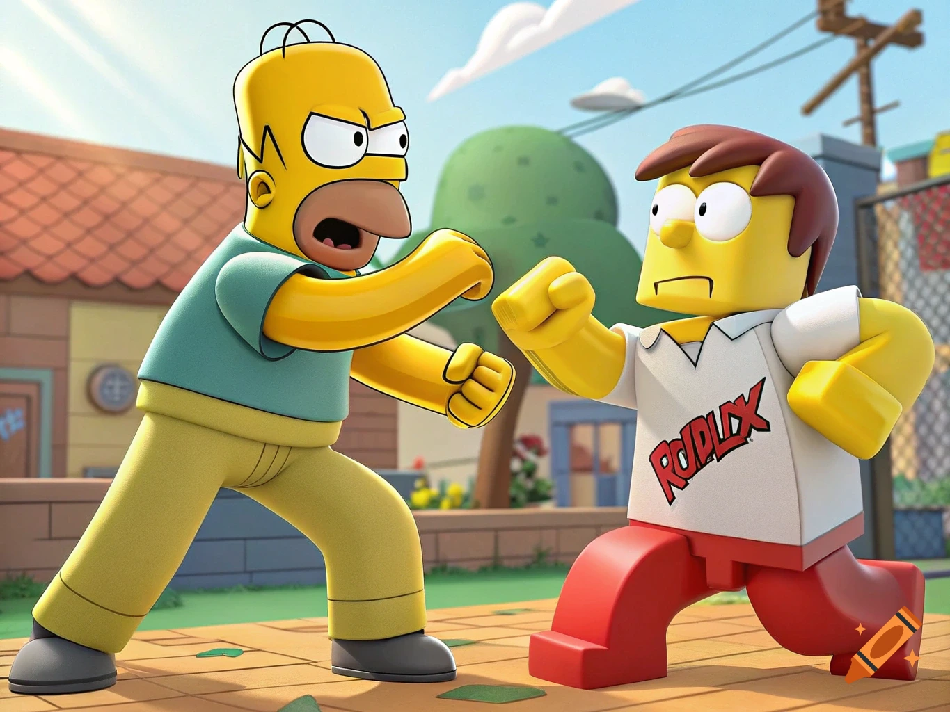 Cartoon Homer Simpson and a blocky Roblox character prepare to fight on a street.
