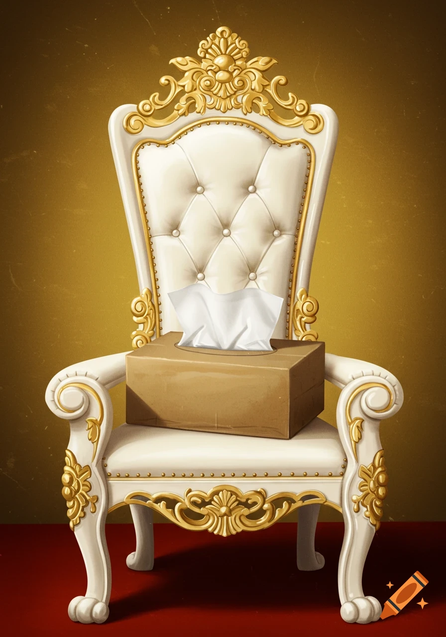 A lavish white and gold throne features a brown tissue box on its seat, against a warm gold background and red floor.