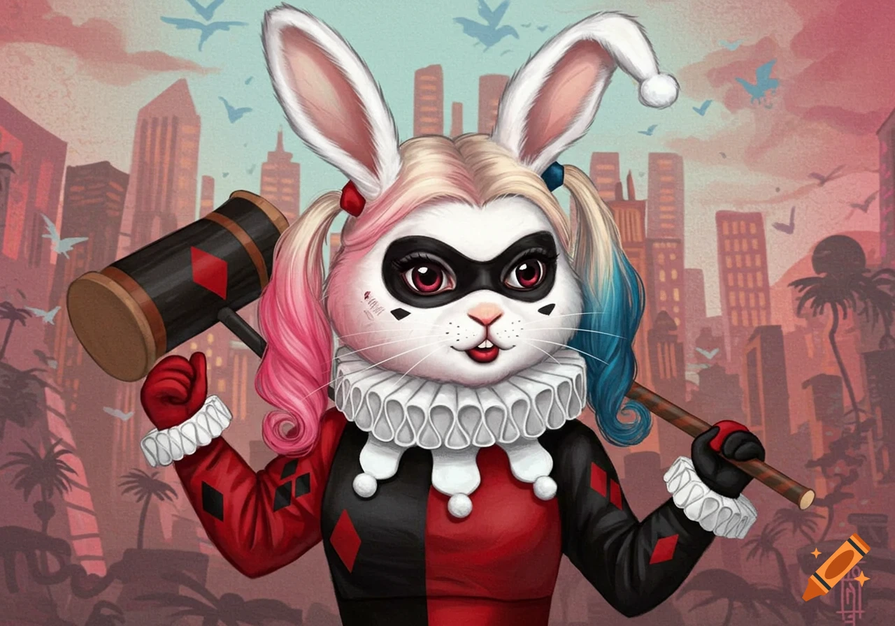 A cartoon bunny dressed as Harley Quinn, holding a mallet against a stylized city background.