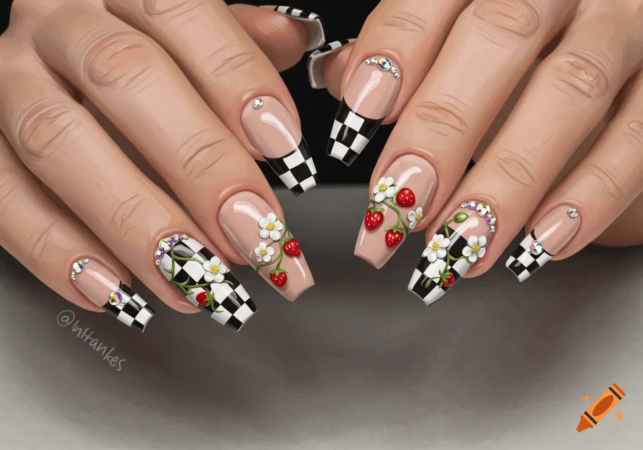 Close-up of hands with elaborate nail art. Almond nails feature checkerboard tips on a nude base, 3D strawberries, white blossoms, and rhinestones.