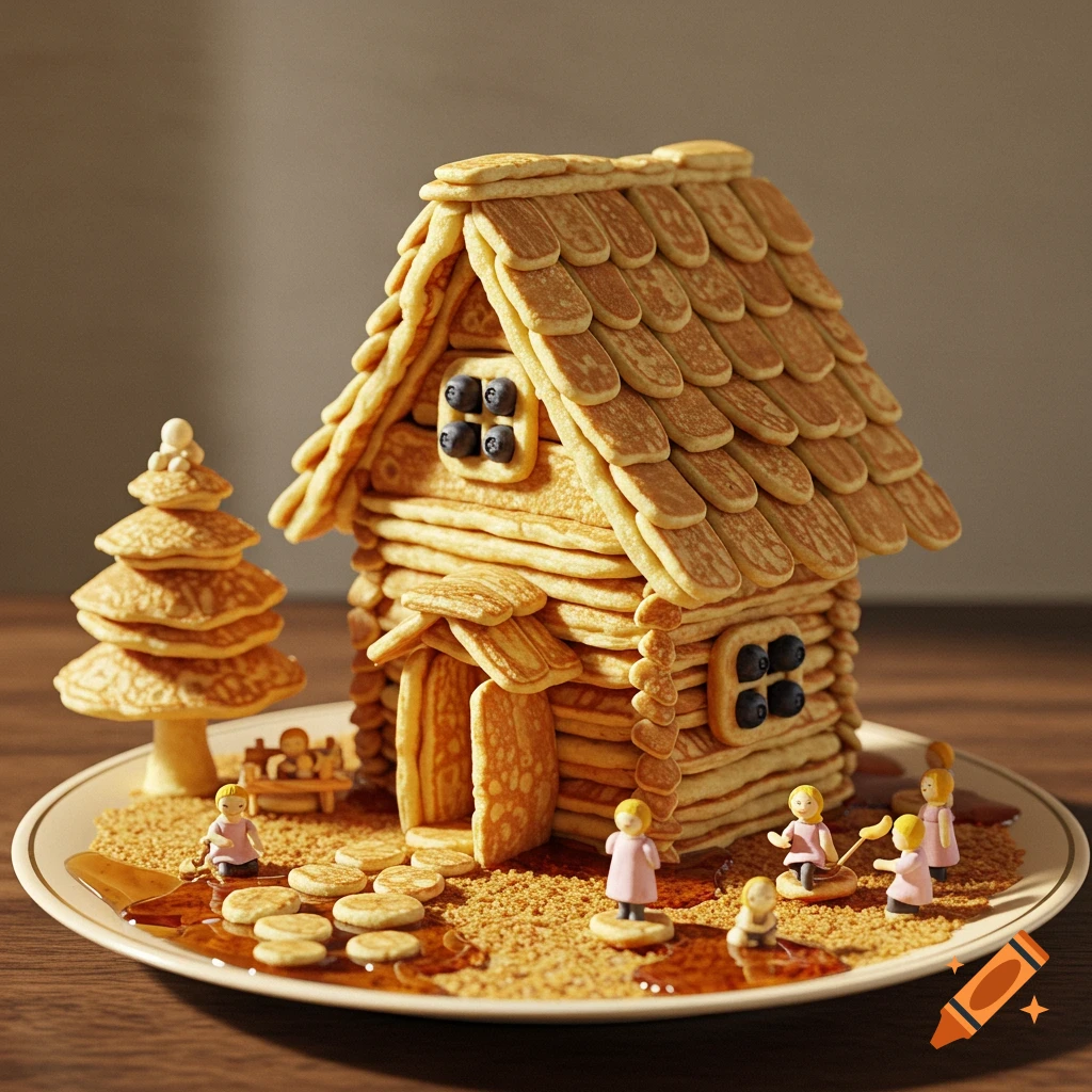 A detailed miniature house and a tree made entirely of pancakes, drizzled with syrup, with tiny figures on a plate. Photorealistic style.