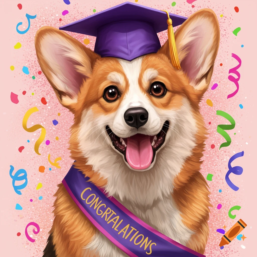 Happy corgi dog wearing a purple graduation cap and a sash with 'CONGRTIALATIONS' on a pink background with confetti.