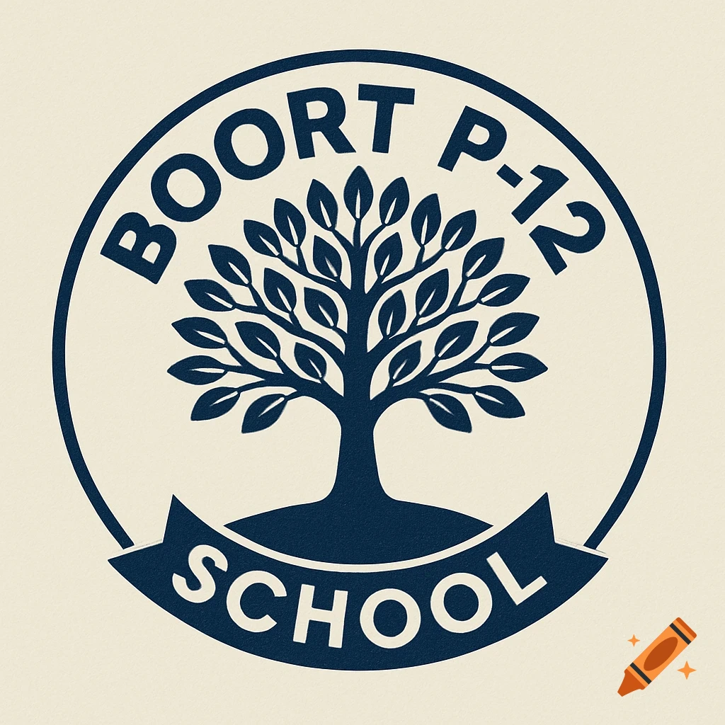 A circular blue and cream logo for Boort P-12 School featuring a tree emblem.