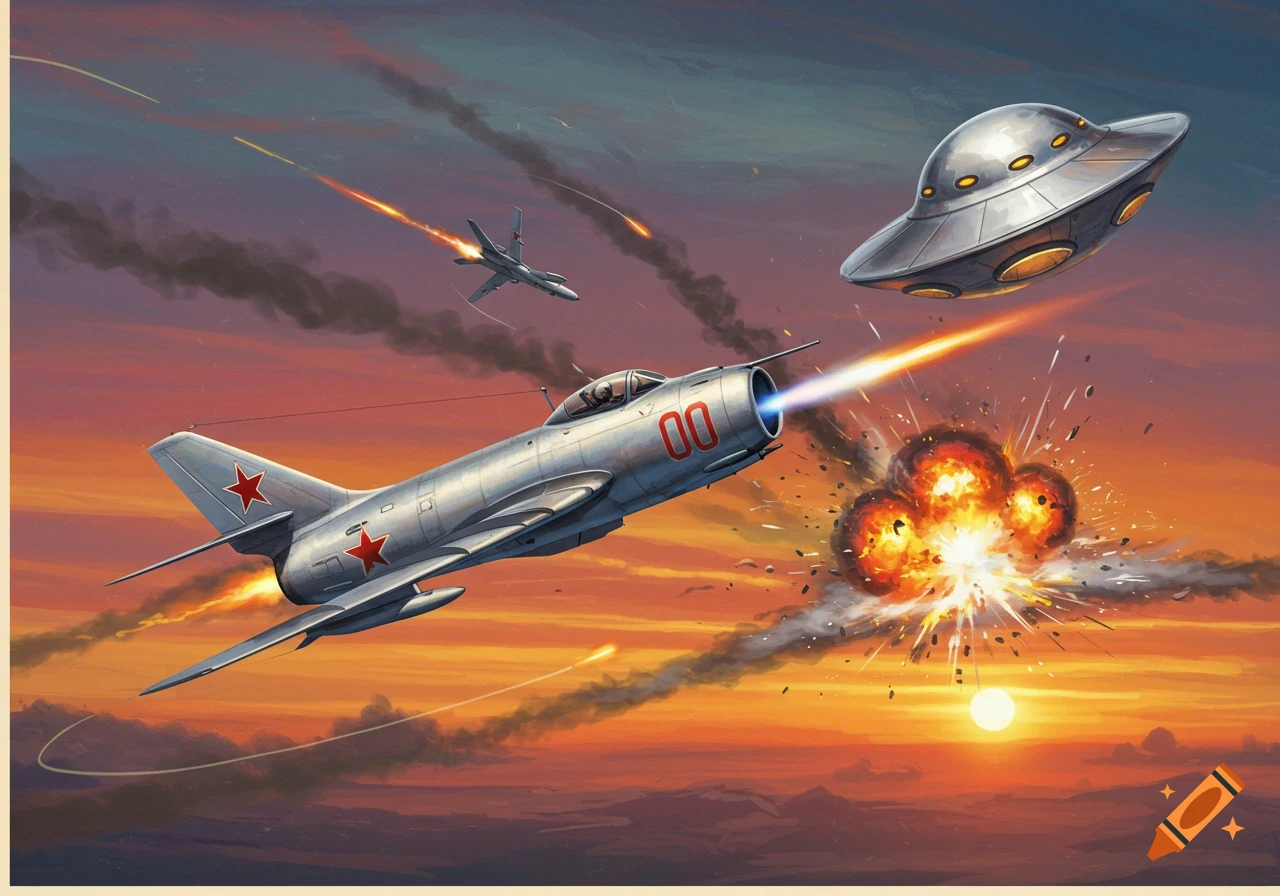 A silver fighter jet with red markings shoots a beam at a UFO, causing an explosion in a dramatic sunset sky. Another jet flies in the background.