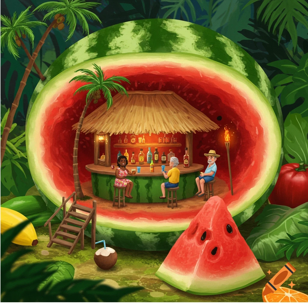 An illustrated scene of a small tropical bar with three people inside a giant watermelon, surrounded by jungle foliage and other fruits.