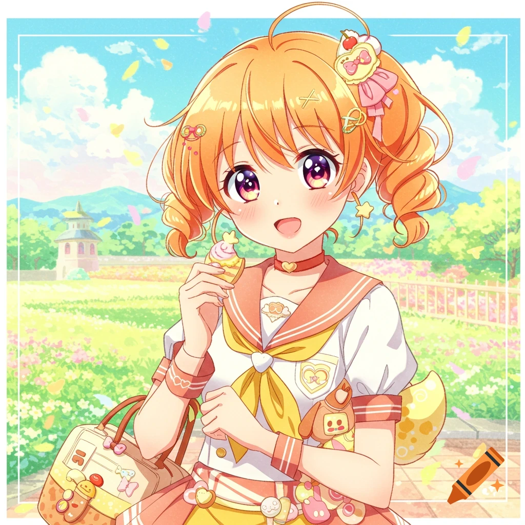 A vibrant anime girl with orange hair and purple eyes, wearing a sailor school uniform, smiles while holding a small dessert in a cheerful garden.