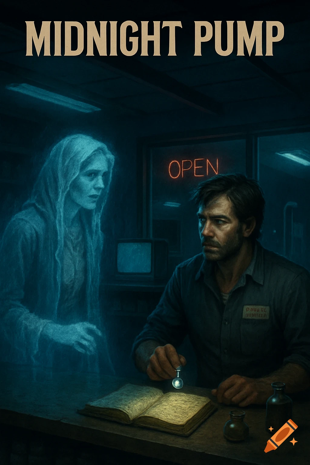 A man looks at a ghostly woman in a dimly lit gas station. The title "MIDNIGHT PUMP" is at the top. An "OPEN" sign glows neon behind them.