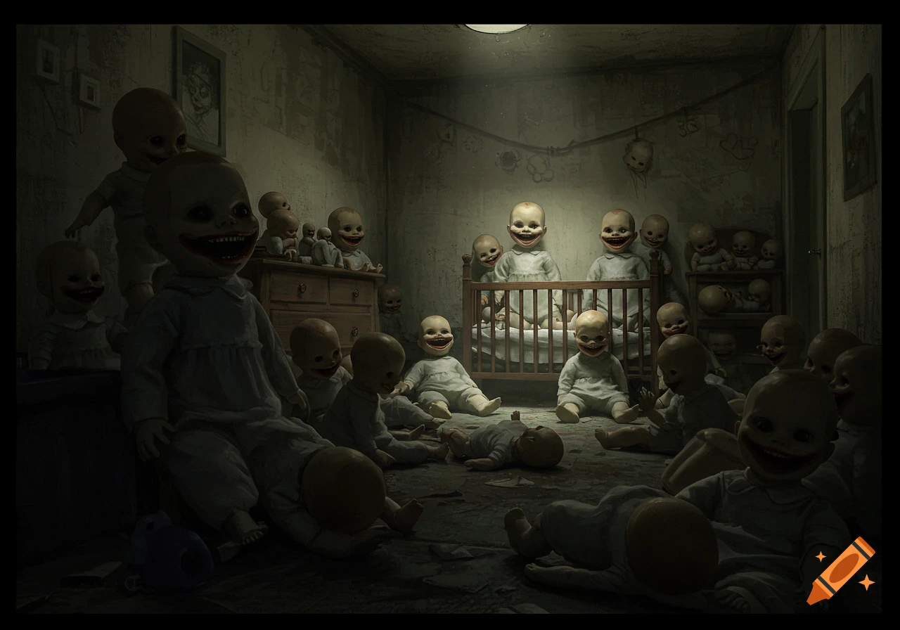 A dark, eerie room filled with numerous menacing baby dolls with large, black smiles and dark eyes.