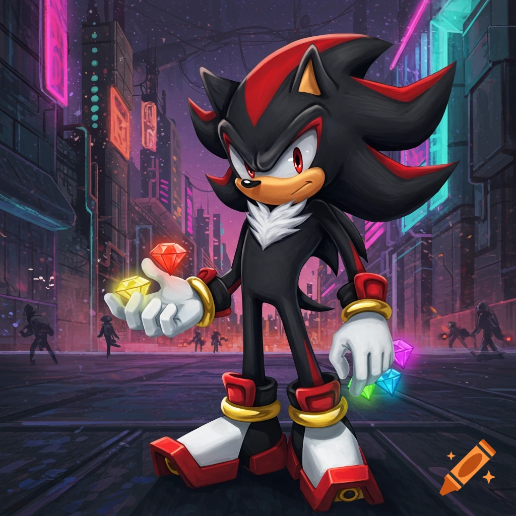 Shadow the Hedgehog holds a red and yellow chaos emerald while standing in a neon-lit futuristic city at night.