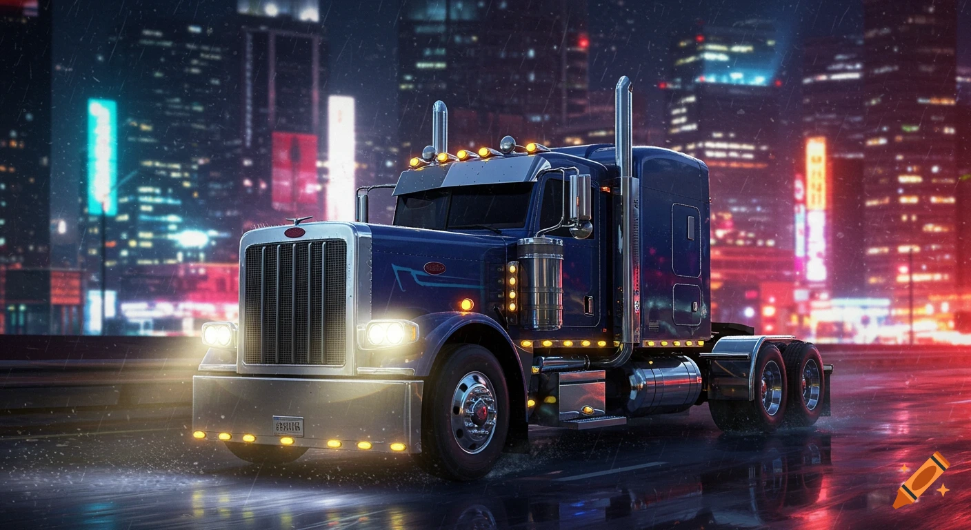 A dark blue Peterbilt truck with chrome accents drives through a rainy city street at night, with blurred neon lights in the background.