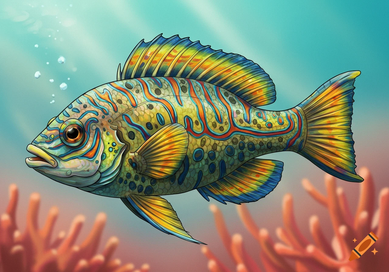 A colorful, intricately patterned fish with blue, orange, and yellow stripes swims underwater near coral.
