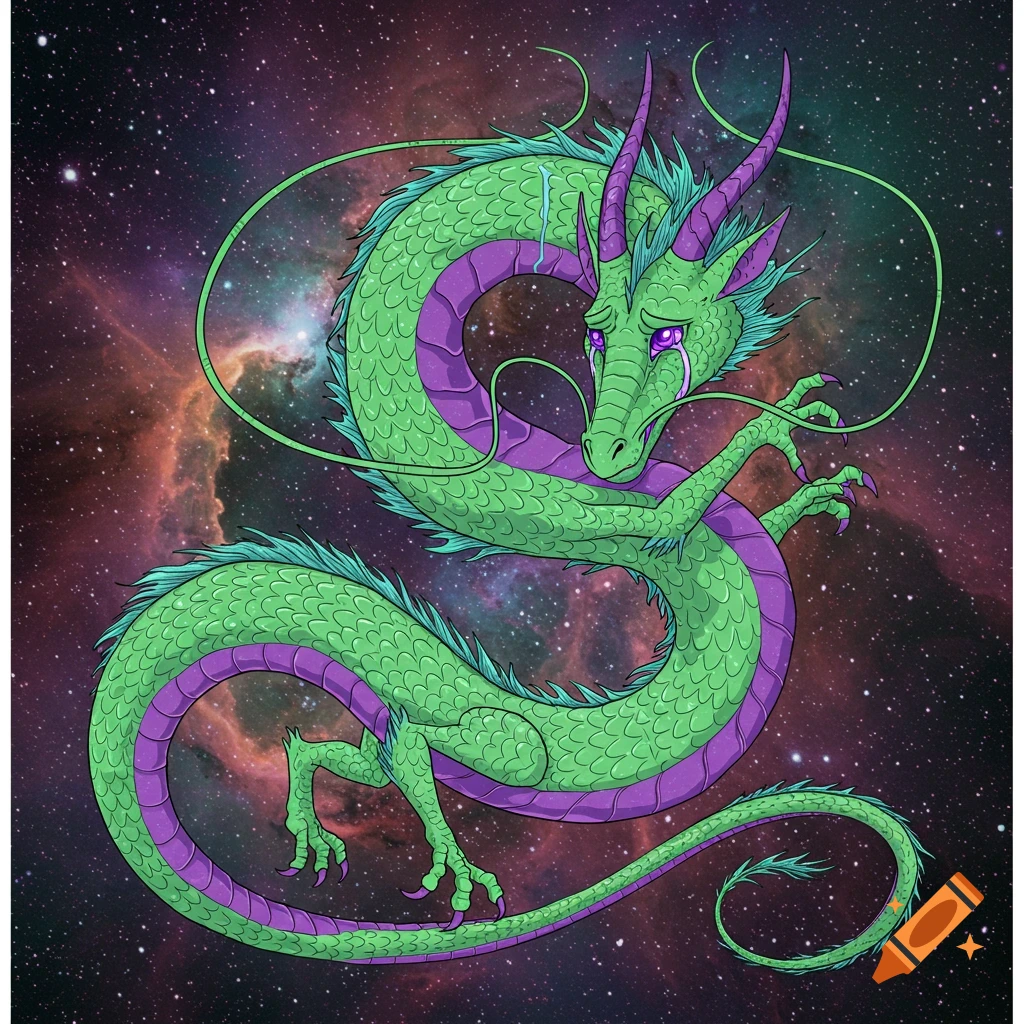 A green and purple dragon with tears on its face floats in a vibrant nebula-filled space.