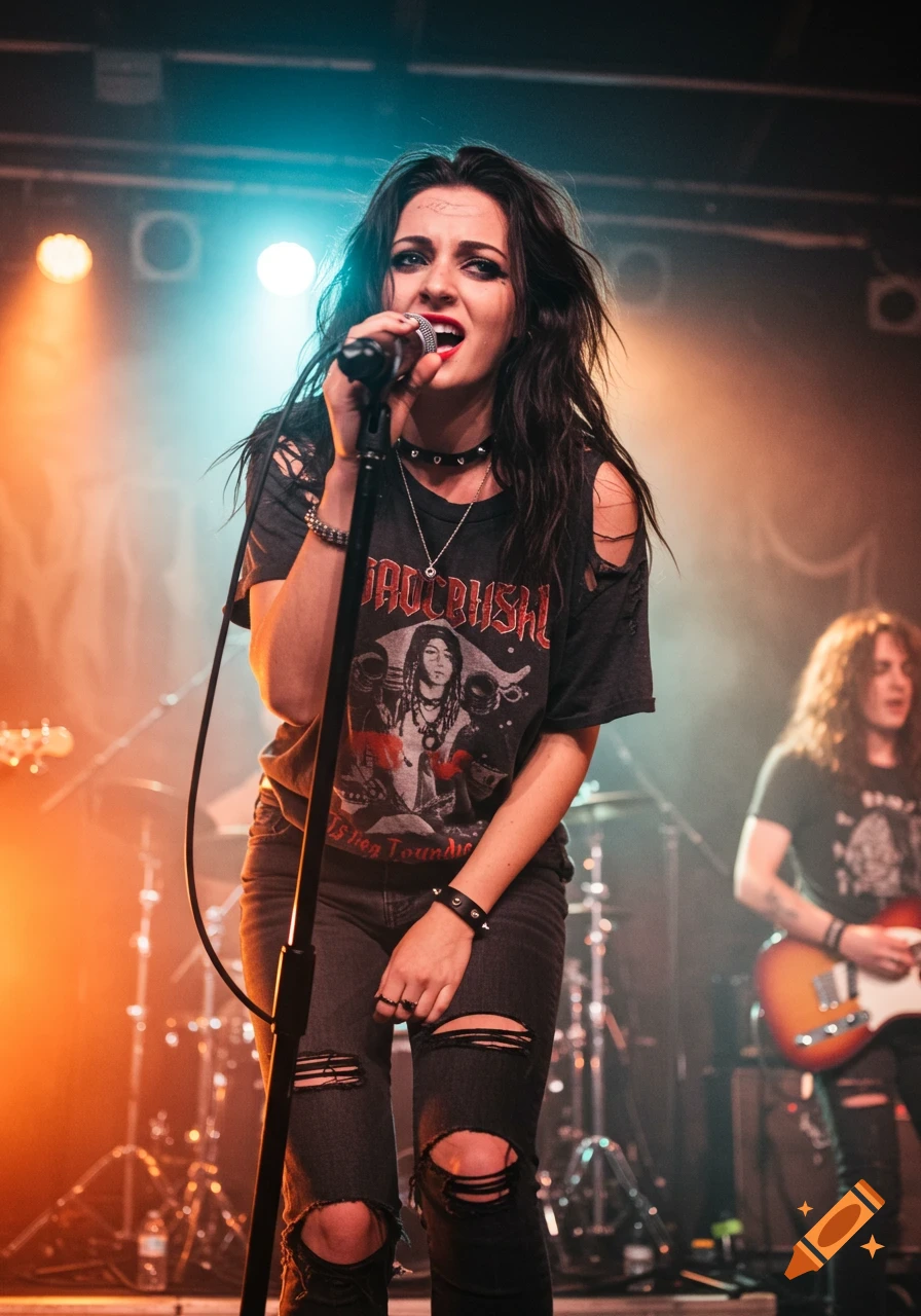 A photorealistic female lead singer with a microphone on stage, a guitarist in the background, under bright blue and orange stage lights.