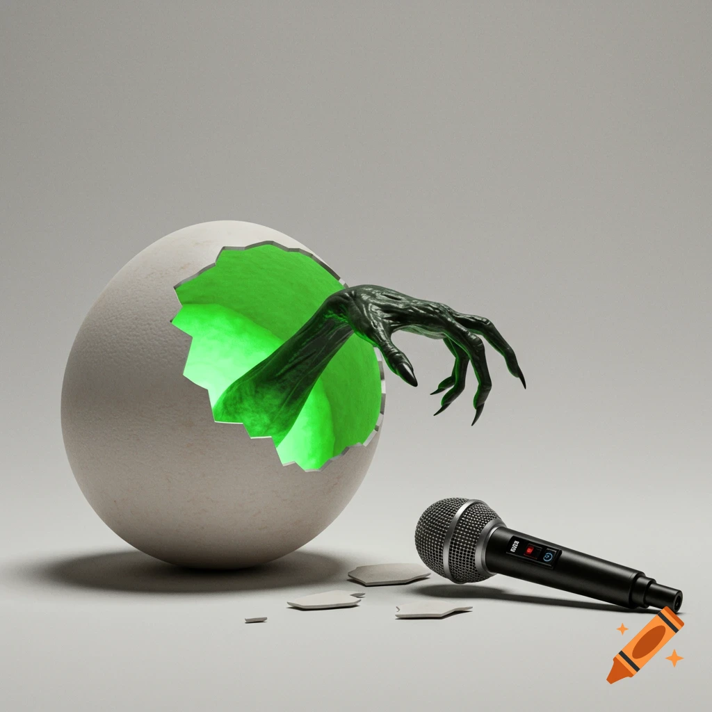 A dark green, clawed alien hand emerges from a cracked white egg glowing green, reaching for a black microphone. Photorealistic.