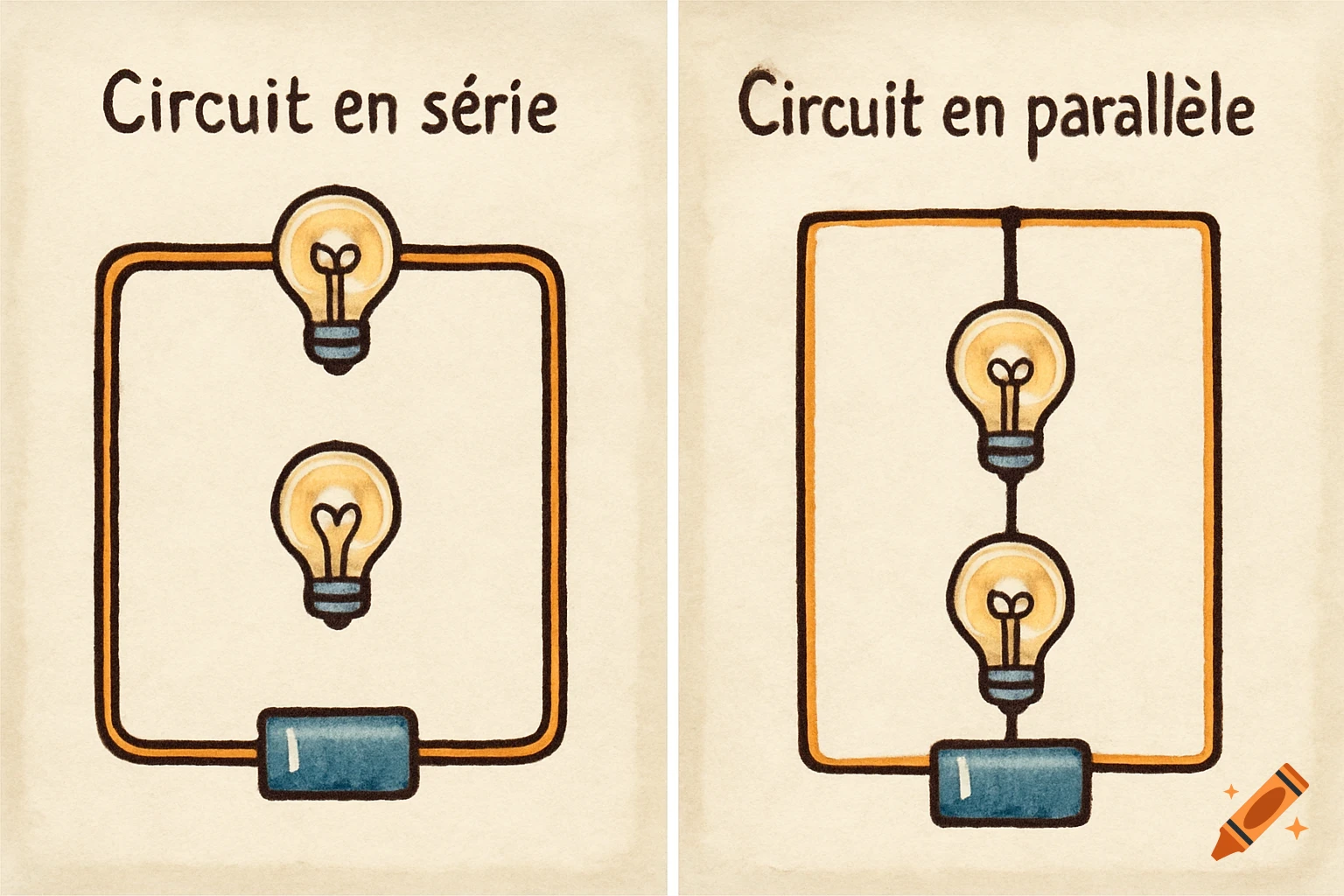 Two hand-drawn diagrams illustrate electrical circuits: one shows two light bulbs in series, the other in parallel.