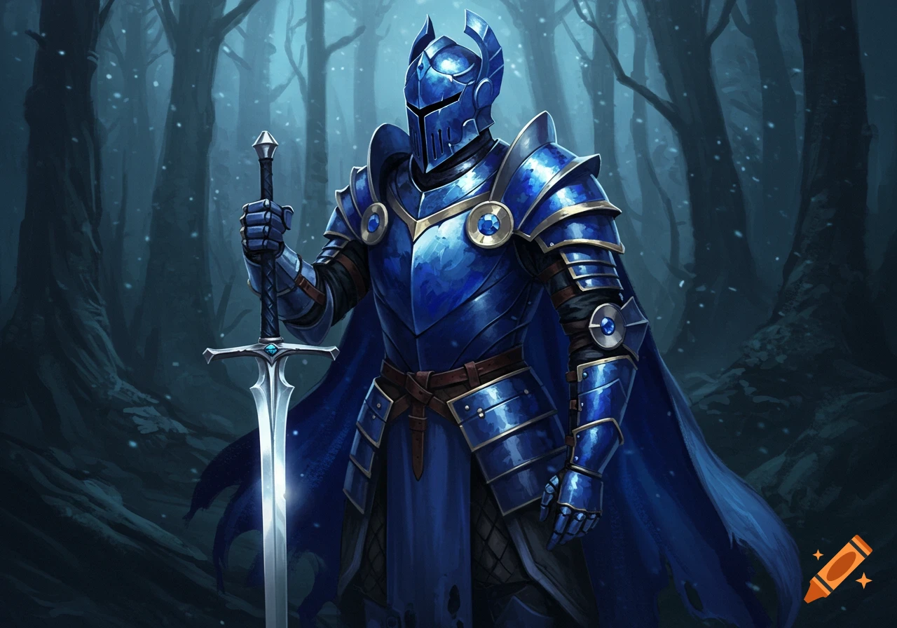 A sapphire blue armored knight stands in a dark, misty forest, holding a large sword.
