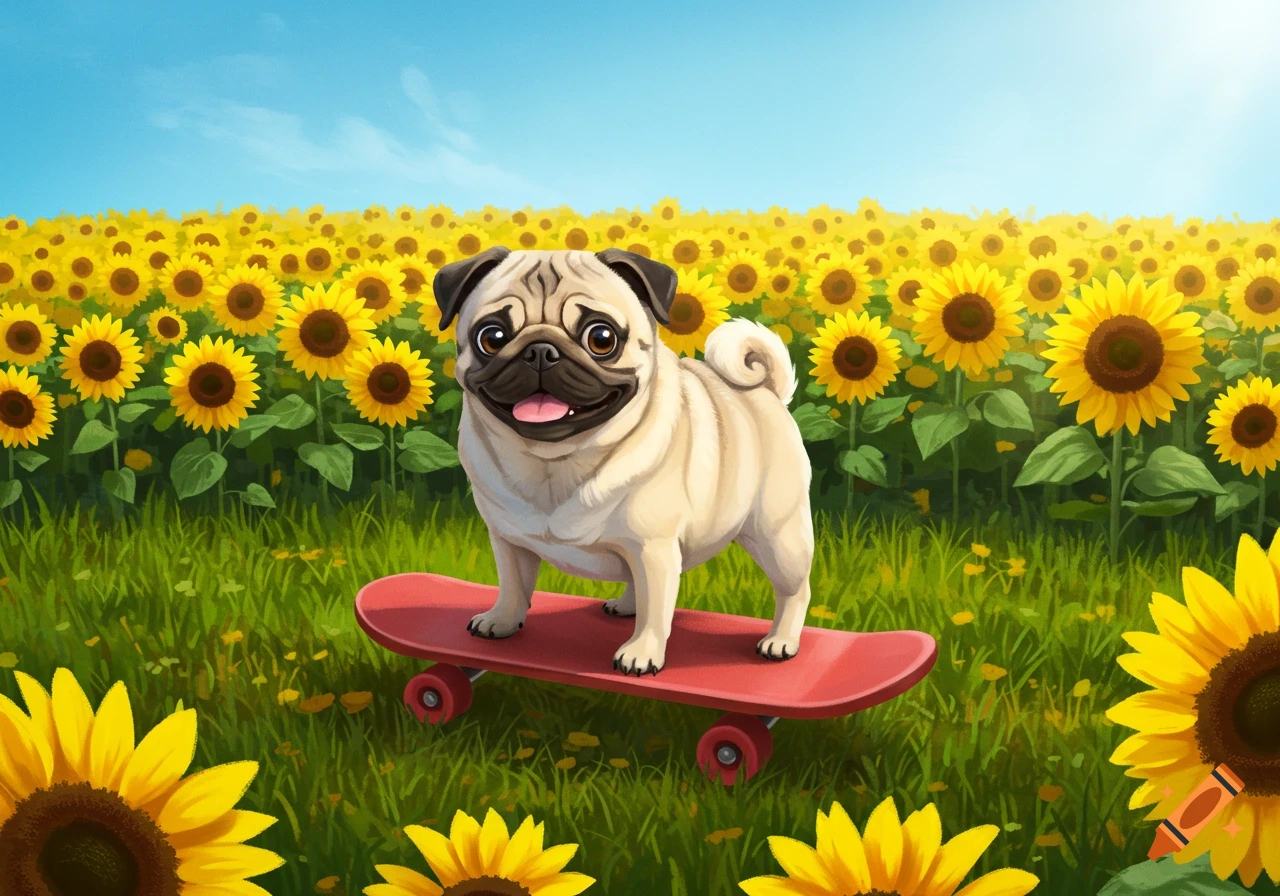 A happy pug riding a red skateboard through a vibrant field of yellow sunflowers under a clear blue sky.