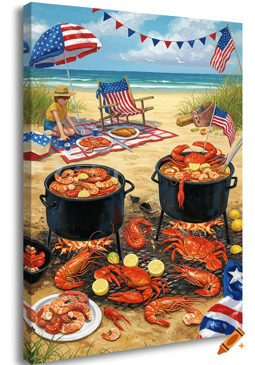 Patriotic beach scene illustration with a seafood boil featuring crabs, lobsters, and shrimp, a person, and US flags.