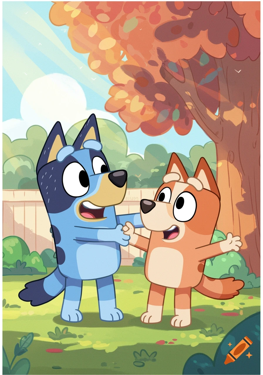 Bluey and Bingo, two cartoon dogs, happily interact in a sunny backyard with an autumn tree.