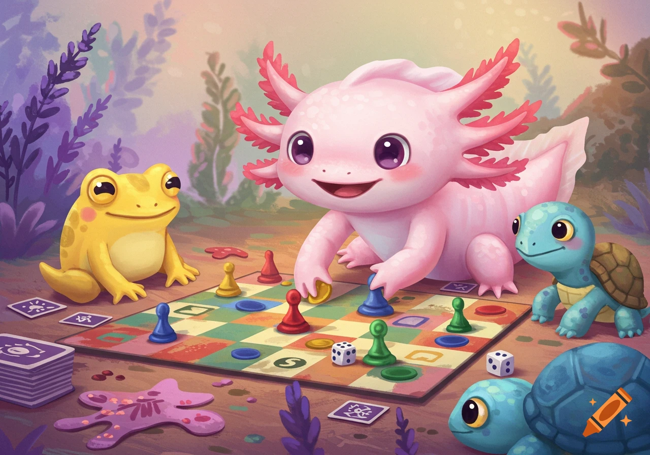 A cute pink axolotl plays a colorful board game with a yellow frog and two blue turtles in a whimsical setting.