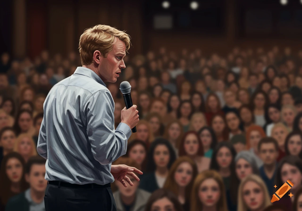 A man with blonde hair holds a microphone and speaks to a large, blurred audience.