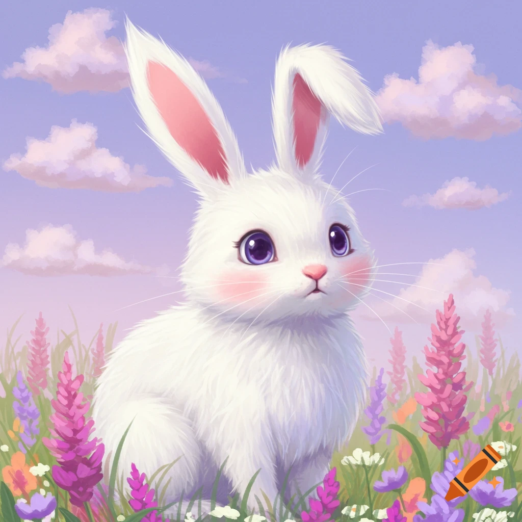 A fluffy white bunny with big purple eyes and pink cheeks sits in a vibrant field of colorful flowers under a purple sky.