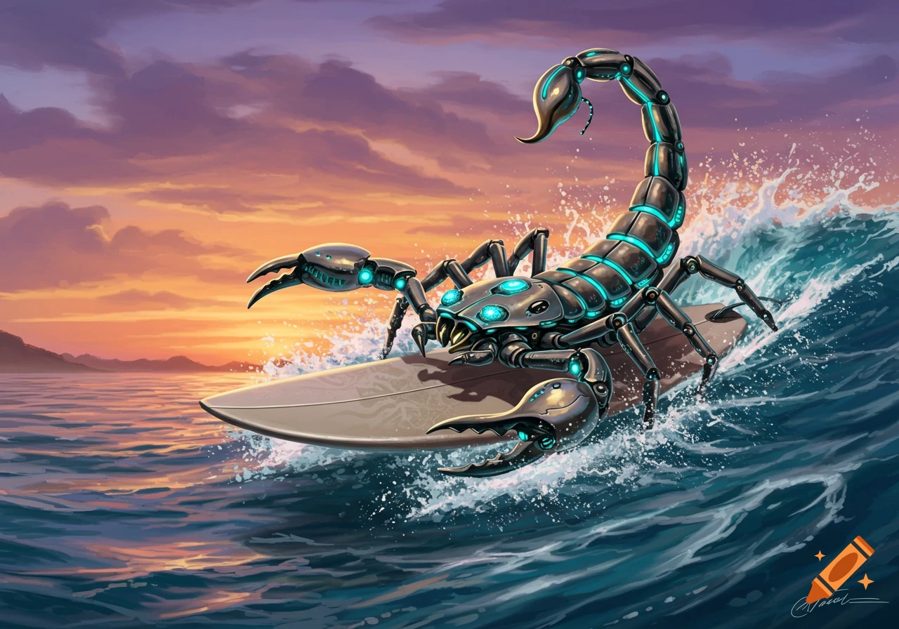 A detailed illustration of a mechanical scorpion surfing on a surfboard during sunset.