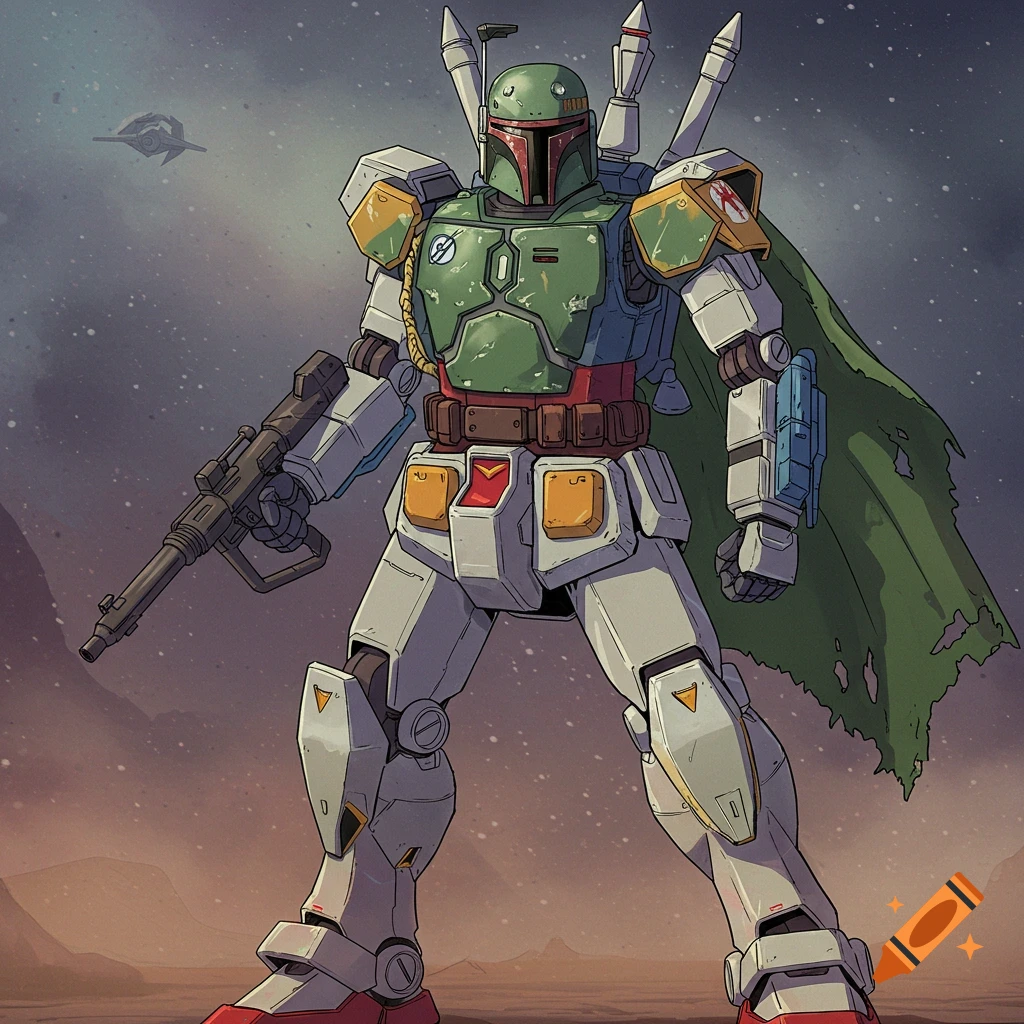 An illustrated crossover of Boba Fett as a Gundam mech holding a rifle on a desolate planet with a spaceship in the sky.
