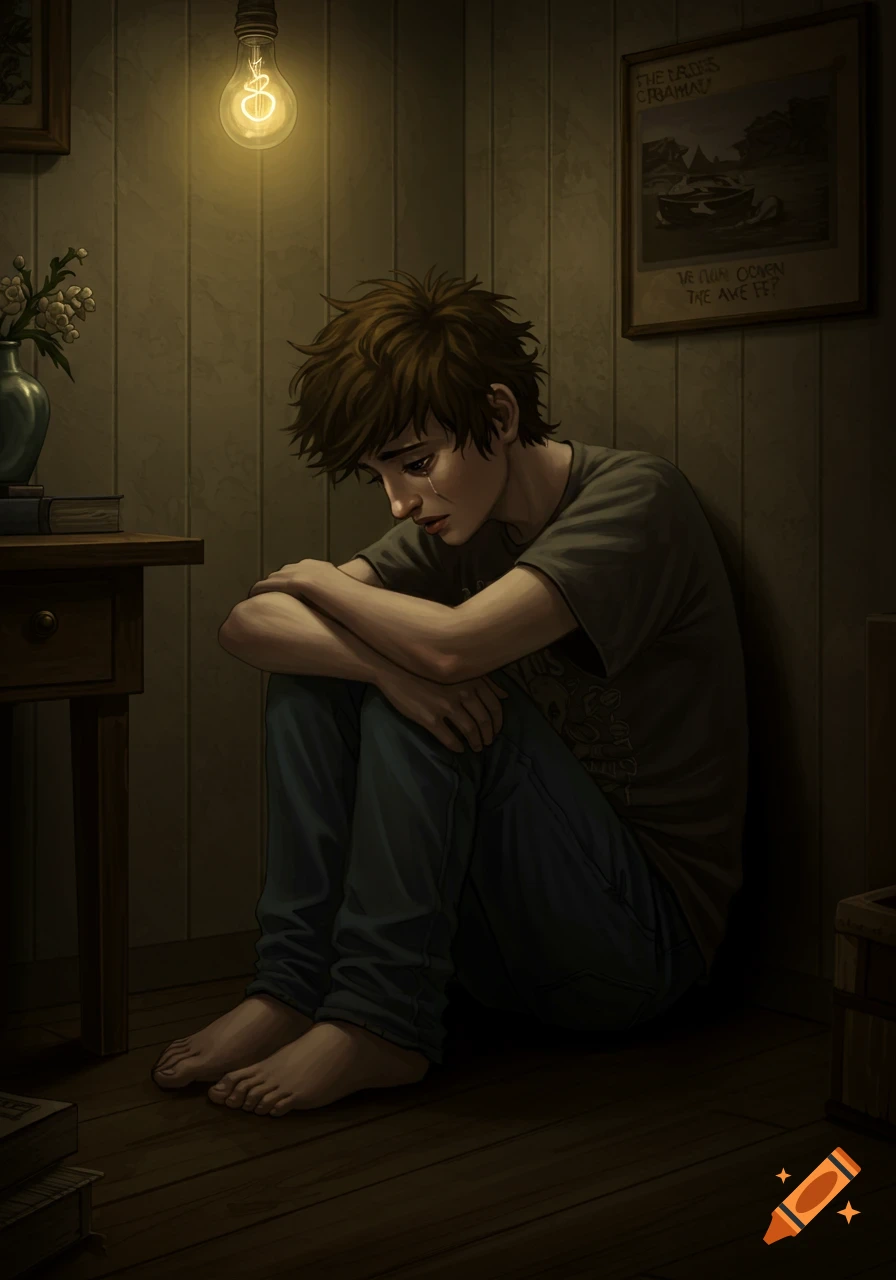 A sad boy with messy brown hair sits on the floor in a dim room corner, head bowed, with a single tear rolling down his cheek. A glowing lightbulb hangs overhead.